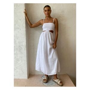 Faithfull the Brand Linen Smocked‎ Tayari Midi Beachy Dress Women's 8 White NWT